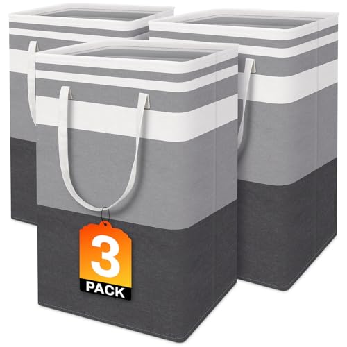 BlissTotes 3-Pack Laundry Basket, Freestanding&Waterproof Laundry Hamper, Collapsible Tall Clothes Hamper with Easy Carry Handles for Clothes, Towels in the Family and Dorm,Gradient Grey,75L