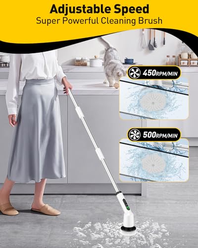 Electric Spin Scrubber for Cleaning Bathroom, Shower Scrubber Cordless Cleaning Brush with IPX7 Waterproof & 2 Speed, 3 Brush Heads, Bathroom Cleaning Supplies for Shower Tub Kitchen Tile Toilet White