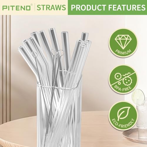 Piteno® 16-Pack Reusable Glass Straws Set, Clear Glass Drinking Straws, 8.5''x10MM, Set of 6 Straight and 6 Bent with 4 Cleaning Brushes, Perfect for Smoothies, Milkshakes, Juice, Tea