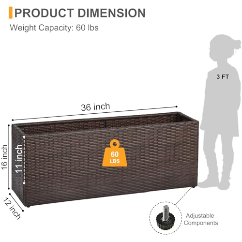 SUNNYPARK Brown Rectangular Planter Box All-Weather PE Rattan Large Modern Planters with Removable Liner Indoor Outdoor Decorative Flower Pot for Patio, Balcony, Garden