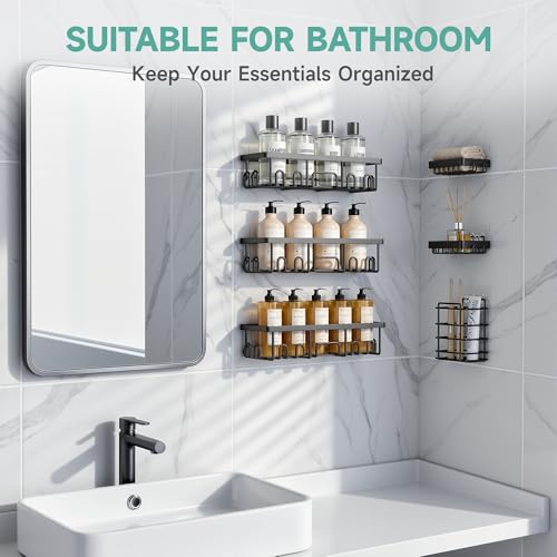 Veken Shower Caddy 6-Pack, Advanced Rustproof Design, No Drilling Adhesive Shelves, Rack with Soap Holder, Large Capacity Bathroom Organizers and Storage, Wall-Mounted Kitchen & Home Decor