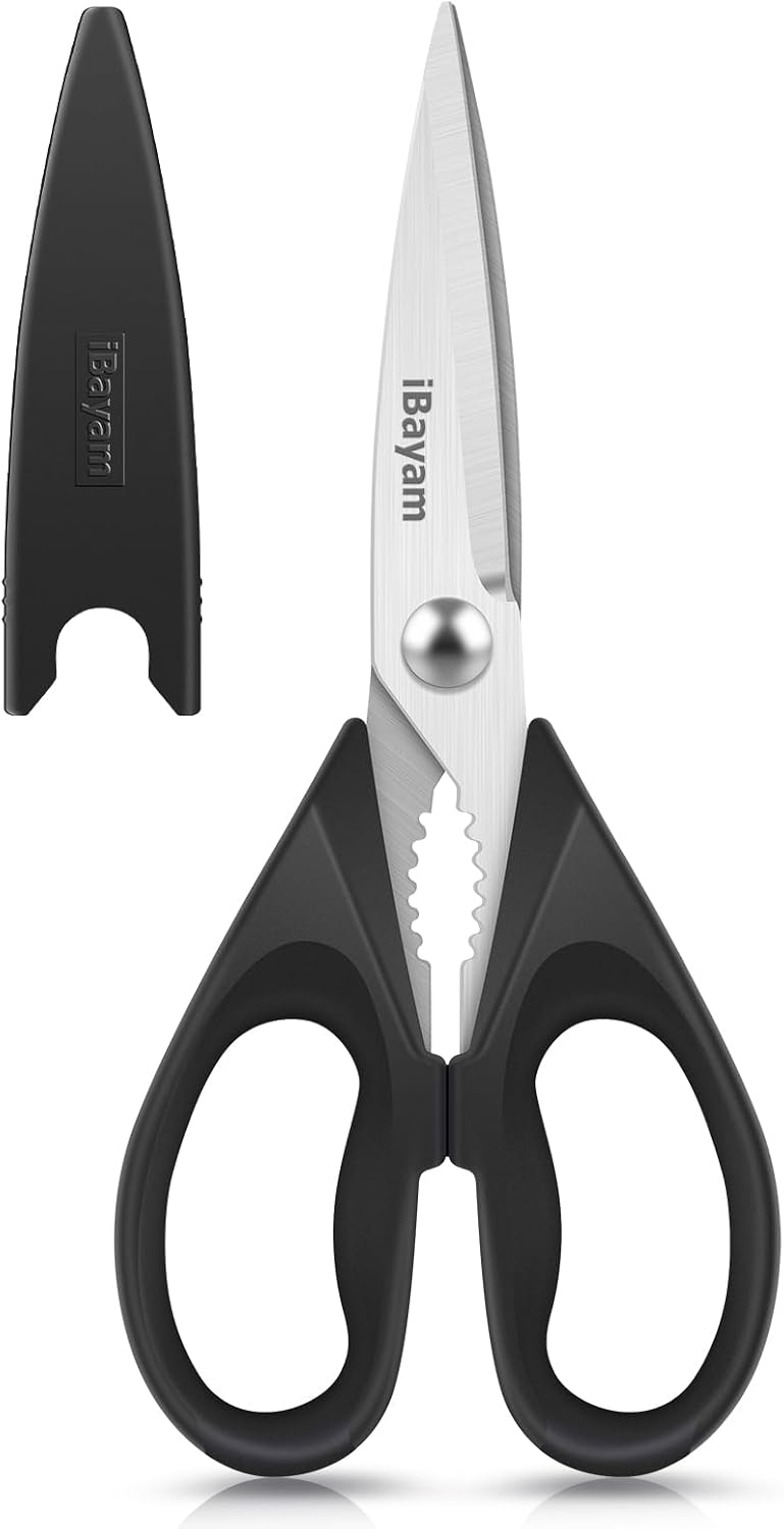 iBayam 2 Pack All Purpose Kitchen Scissors Shears Heavy Duty, Blade Covers | Stainless Steel Blade, Soft Comfort-Grip Handle, Dishwasher Safe, Food & Meat Scissors, Home, Kitchen, Dining Utility Gadgets