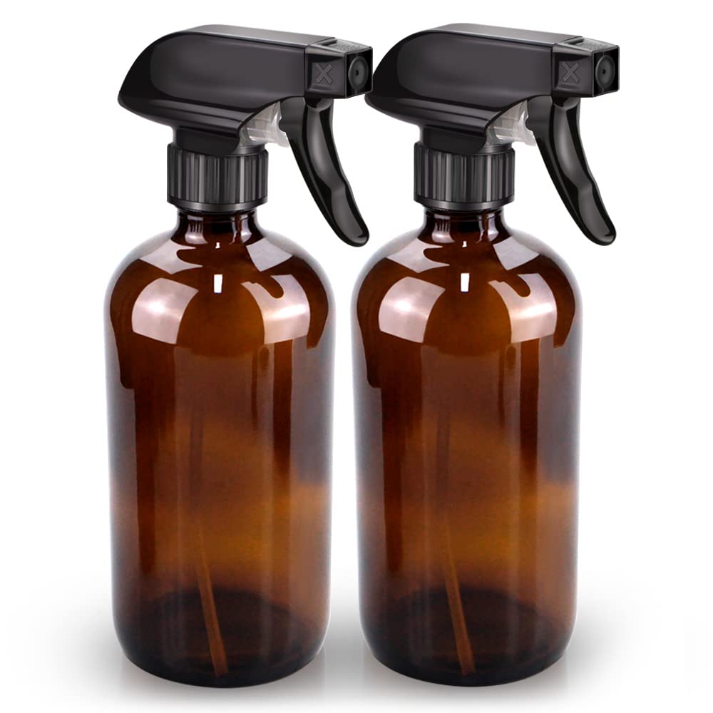 Bontip Glass Spray Bottle 16 oz for Cleaning, Plants (2 Pack, Amber) | Refillable amber spray bottle Set, BPA-free eco glass, With labels and funnel, Great for cleaners, plant misting, hair care