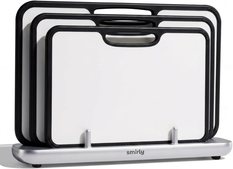 SMIRLY Titanium Cutting Board for Kitchen, with Holder, 3 Pack, Silver | Food-grade Titanium Surface with a Non-porous, Double-sided Design for Easy Cleaning and Hygienic Food Prep