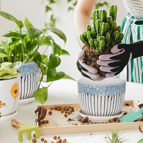 Ceramic Plant Pots Set of 3, 6.75/5.6/4.2 inch Planters with Drainage Holes and Saucer, Flower Pot Outdoor Indoor, Modern Decorative Planters for House Plants Garden Planters Succulent Pots