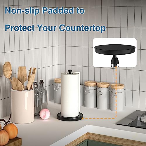Paper Towel Holder Countertop, One-Handed Tear, Stainless Steel, Weighted Base, Black, Paper Towel Roll Holder Stand with Ratchet Mechanism for Kitchen Bathroom Farmhouse Essentials Decor Accessories