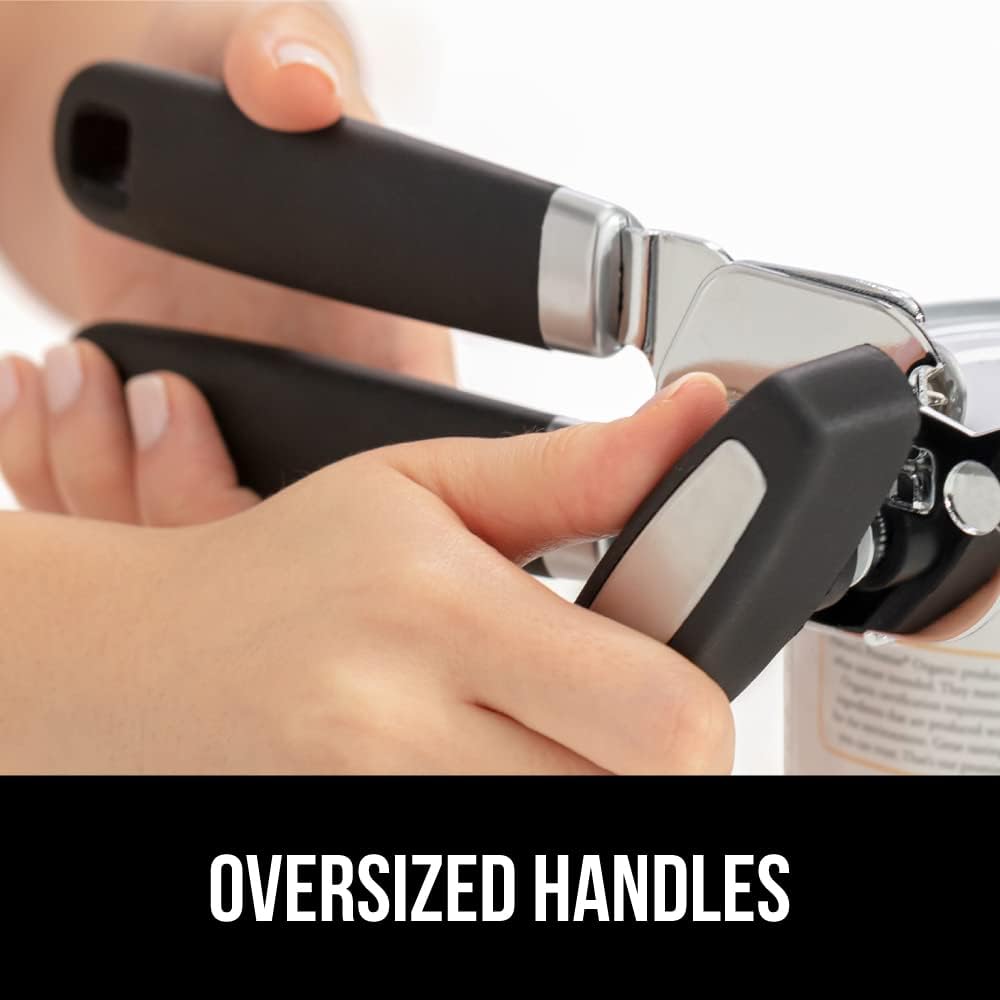 GORILLA GRIP Heavy Duty Stainless Steel Smooth Edge Manual Can Opener, Soft Comfortable Handle, Large Handheld Turn Knob, Built-In Bottle Openers, US Designed, Holiday Prep Kitchen Essential, Black