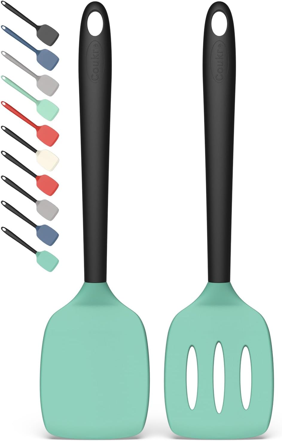 Coukre 2 Pack Silicone Spatula Set,High Heat Resistant, BPA-Free | Dishwasher Safe Kitchen Spatula for Nonstick Pans, Solid & Slotted Turners for Cooking, Sautéing, and Flipping, PureBlack