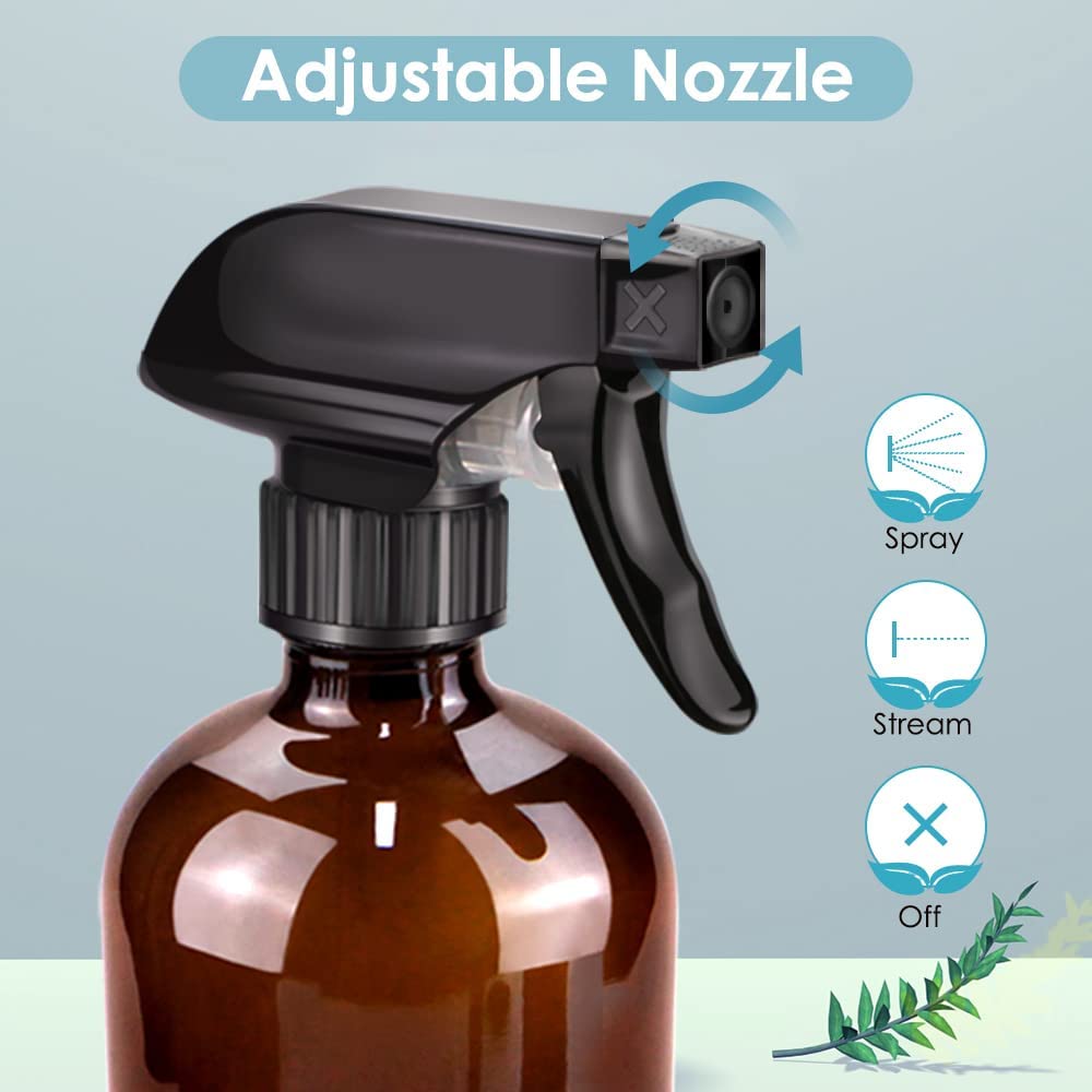 Bontip Glass Spray Bottle 16 oz for Cleaning, Plants (2 Pack, Amber) | Refillable amber spray bottle Set, BPA-free eco glass, With labels and funnel, Great for cleaners, plant misting, hair care