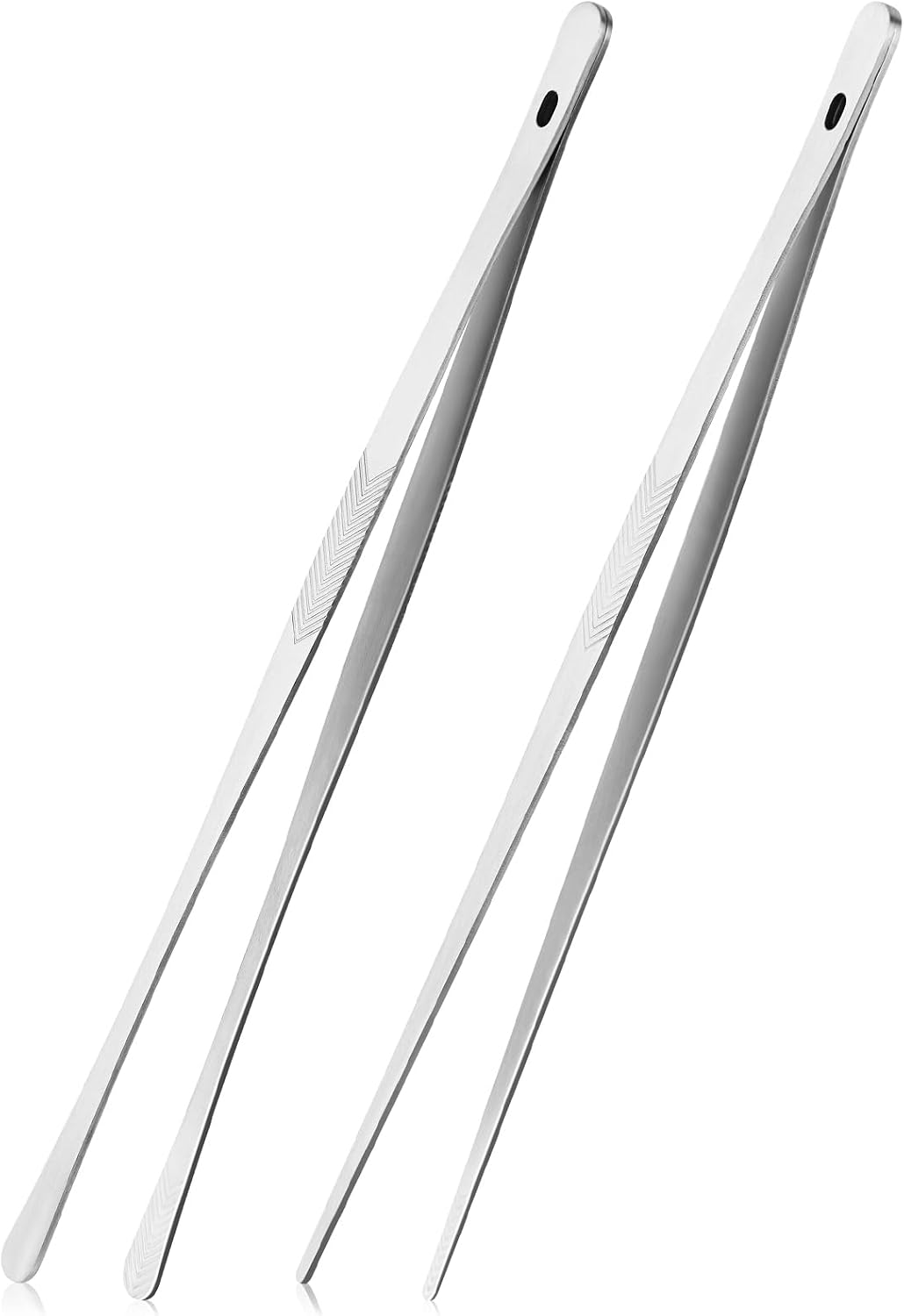 ChefBee 2PCS 12" Stainless Steel Kitchen Tongs Tweezers with Serrated Tips | Precision Grip, Chef Grade, Sturdy Kitchen Utensils, For Serving Food Pasta Salad, Suitable for Grill BBQ Culinary Use