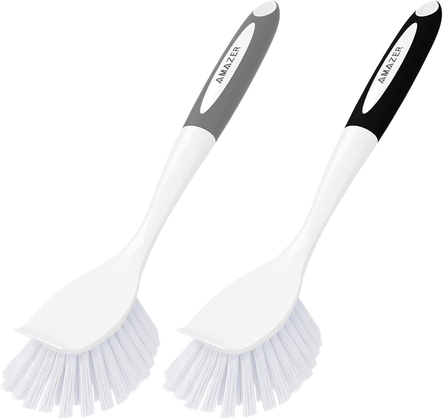 Amazer Dish Brush with Handle, 2 Pack Kitchen Scrub Brushes for Cleaning, Dish Scrubber with Stiff Bristles for Sink, Pots, Pans