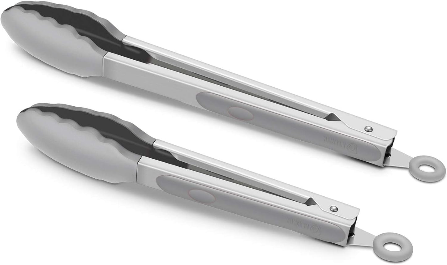 2 Pack Silicone Kitchen Tongs, 9 & 12 Inch, Stainless Steel, Black