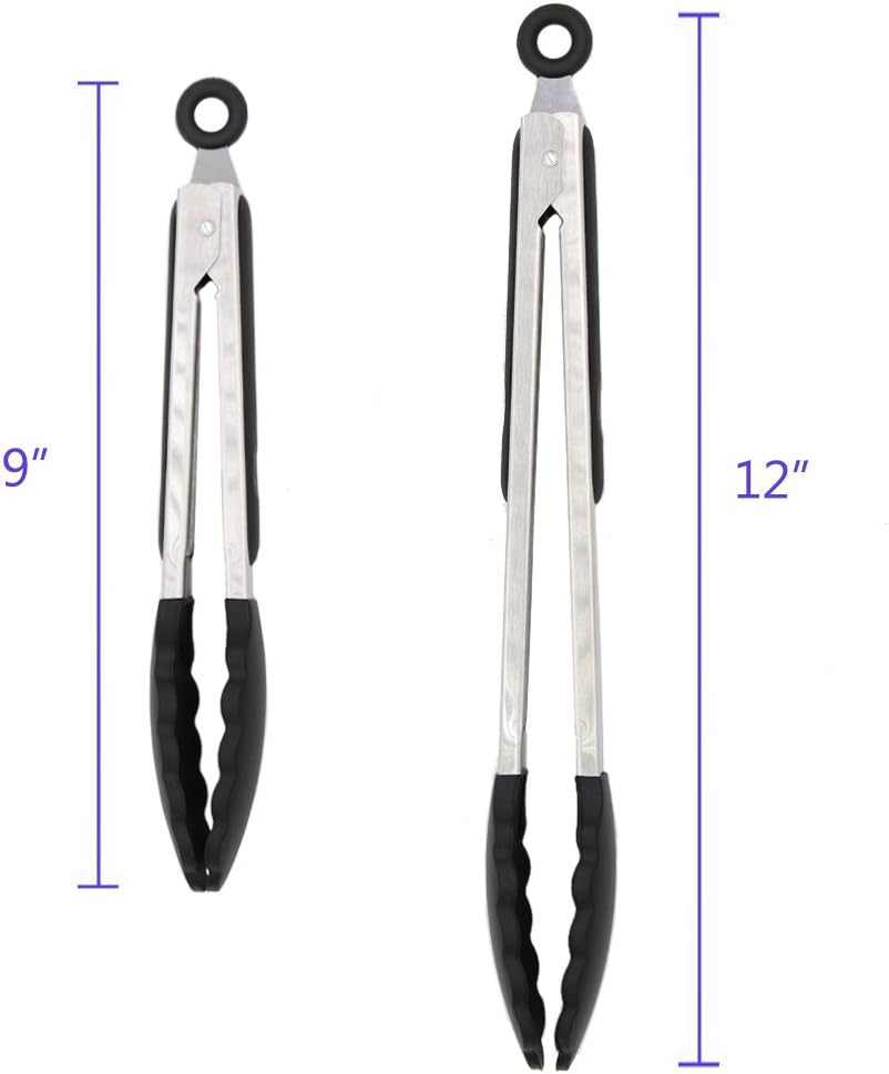 2 Pack Silicone Kitchen Tongs, 9 & 12 Inch, Stainless Steel, Black