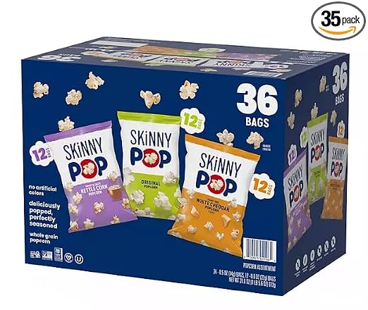Skinny Real Pop Popcorn Variety Pack Snack Bags Assortment Gift Box, 36 Count