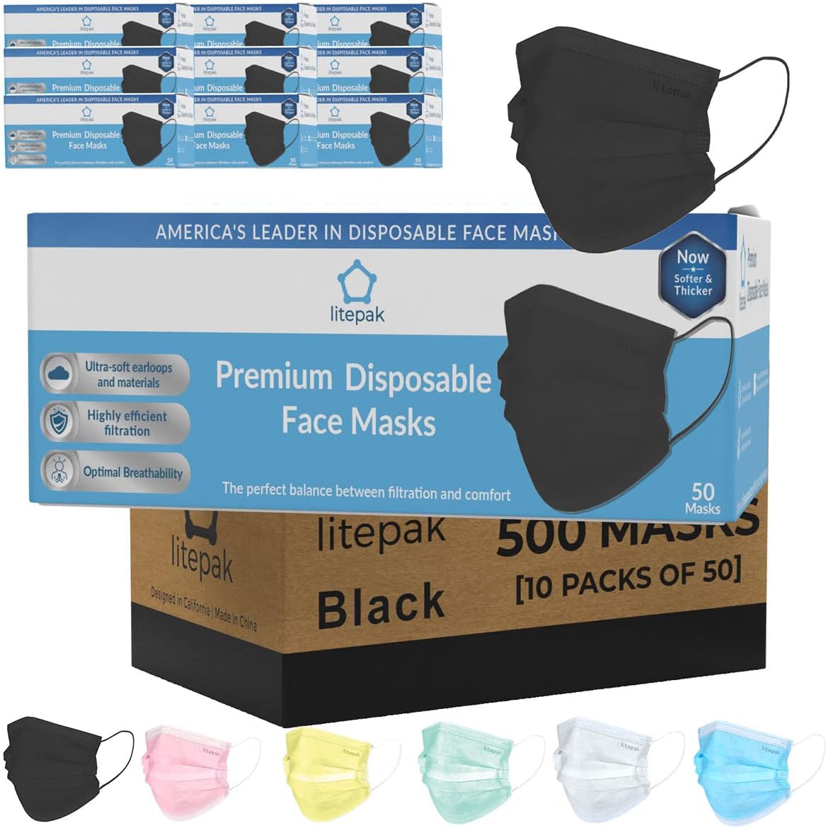 Litepak Premium Disposable Face Mask 500pcs 3ply Soft with Nose Wire