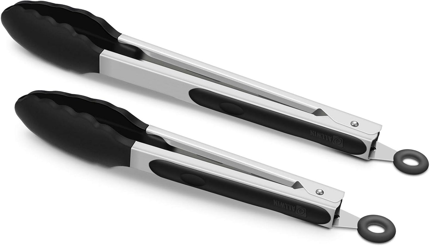 2 Pack Silicone Kitchen Tongs, 9 & 12 Inch, Stainless Steel, Black