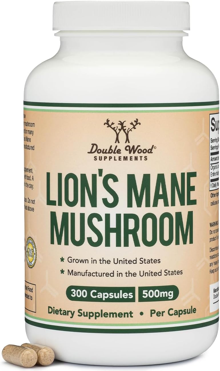 Organic Lions Mane Mushroom Capsules (120 Count), for Focus Support and Immune Health, Third Party Tested and Grown in The USA - by Double Wood