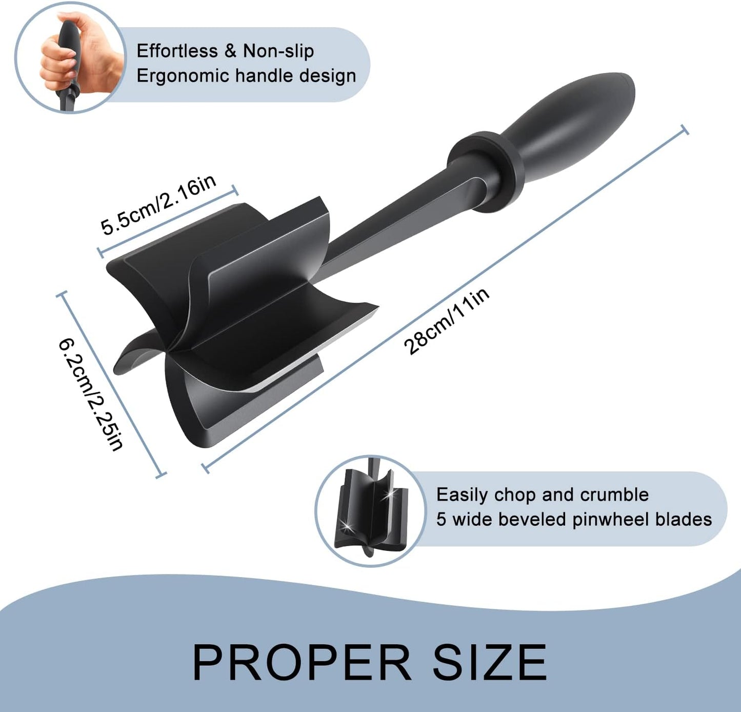 Meat Chopper Ground Beef Masher Tool for Hamburger | 5 Curve Blades Heat Resistant Meat Masher Tool, Turkey and More, Nylon Hamburger Chopper Utensil Non-scratch Utensils-Black