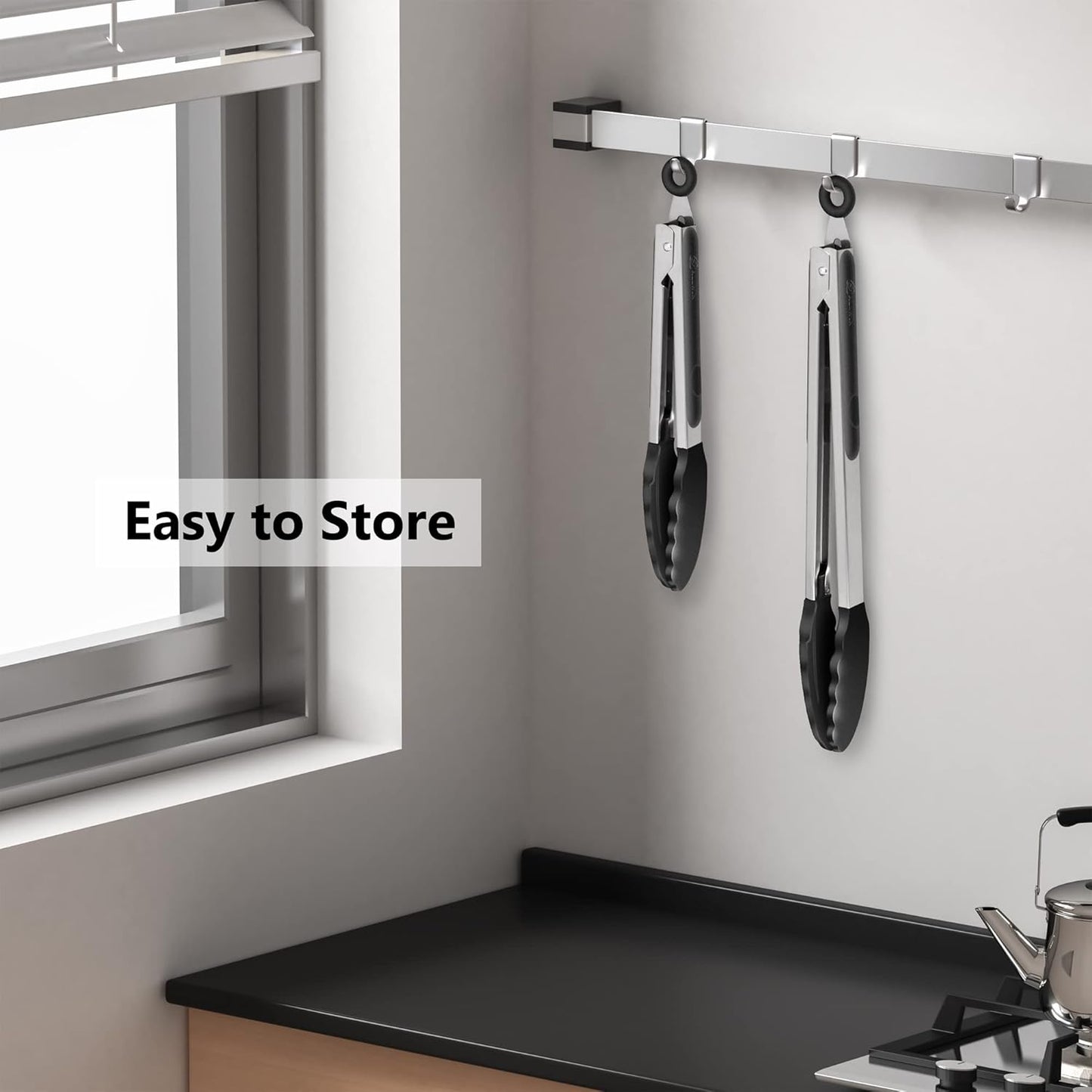 2 Pack Silicone Kitchen Tongs, 9 & 12 Inch, Stainless Steel, Black