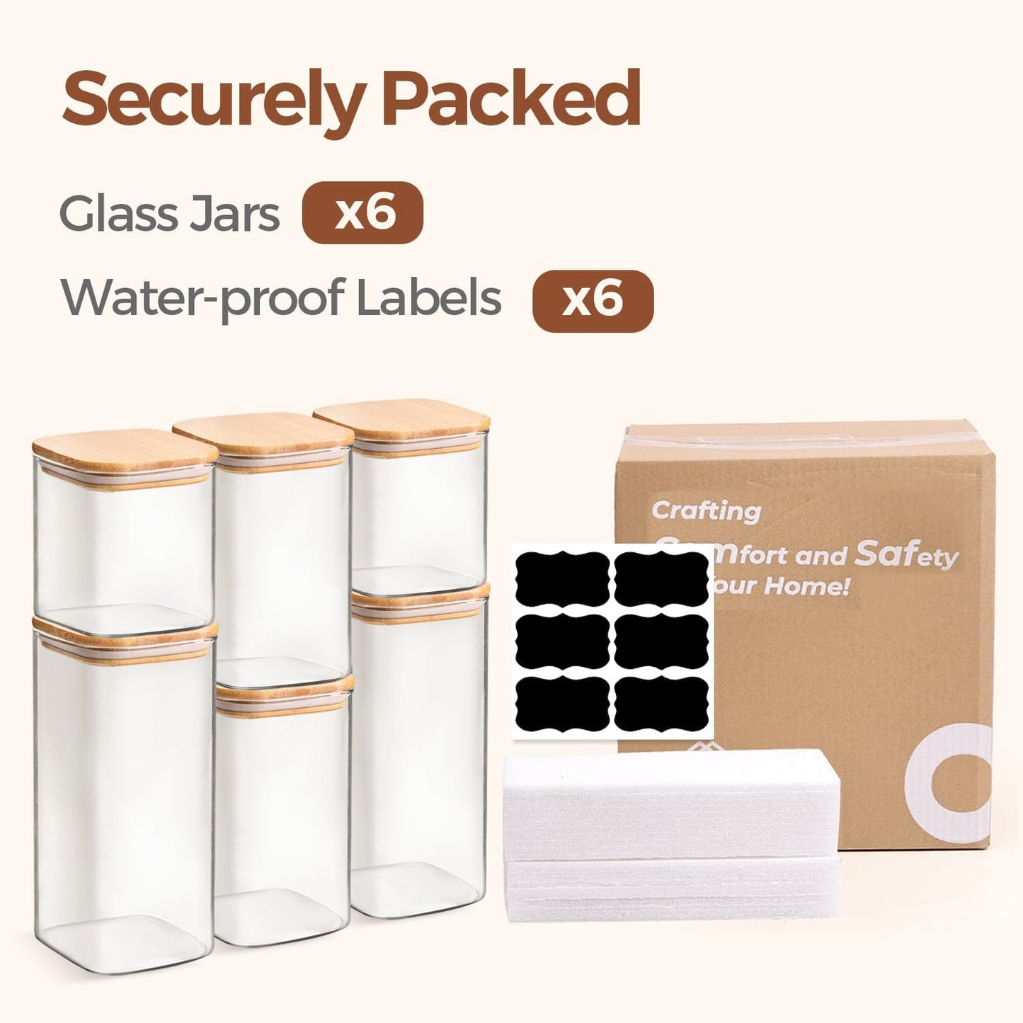 ComSaf Glass Pantry Storage Containers (0.7Qt/1.2Qt/1.6Qt) Set of 6, Square | Glass Storage Containers with Lids, Kitchen Canisters, Pantry Jar, Bamboo Lid with Silicone Seal, Flour Cereal Tea, BPA Free
