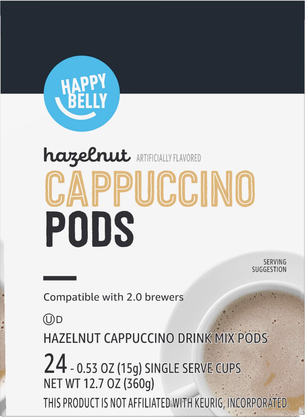 Happy Belly Light Roast Cappuccino Coffee Pods, Hazelnut Flavored, 24 Count
