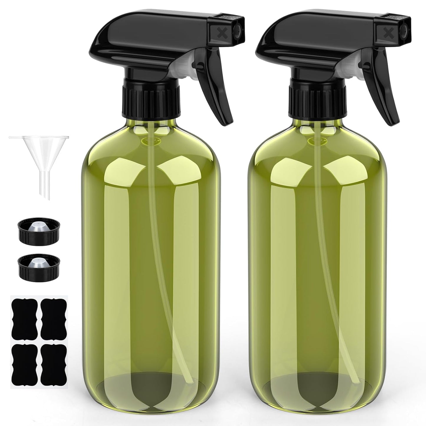 Bontip Glass Spray Bottle 16 oz for Cleaning, Plants (2 Pack, Amber) | Refillable amber spray bottle Set, BPA-free eco glass, With labels and funnel, Great for cleaners, plant misting, hair care