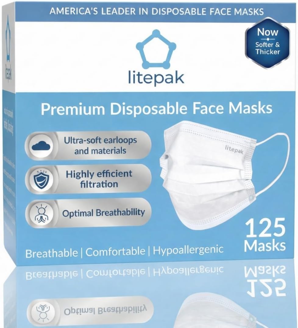 Litepak 125-Pack Premium Disposable Face Masks with Comfort Earloops Blue