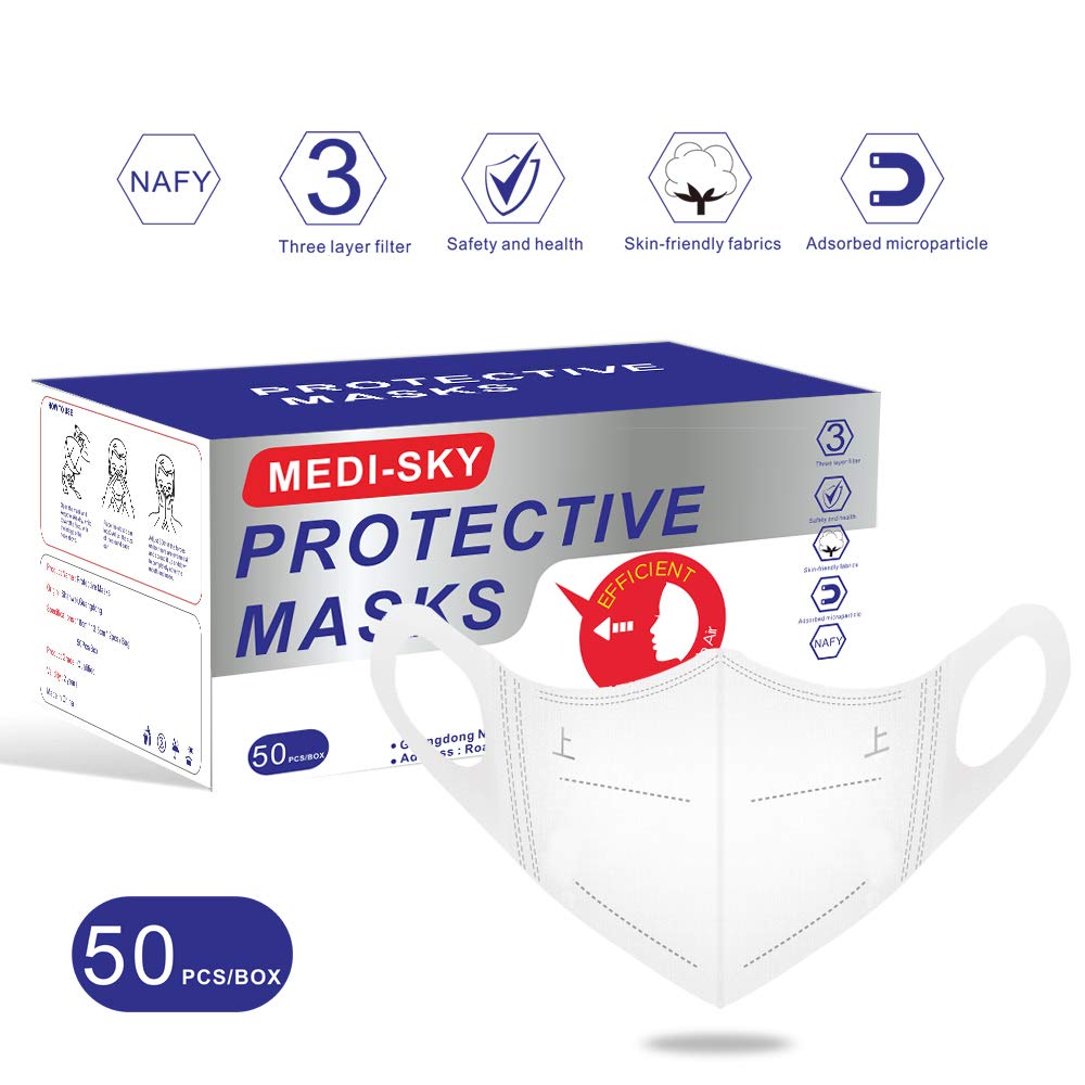 Medi-sky 3D Disposable Face Mask for Adults, Elastic Cloth Ear Straps, 50pcs White
