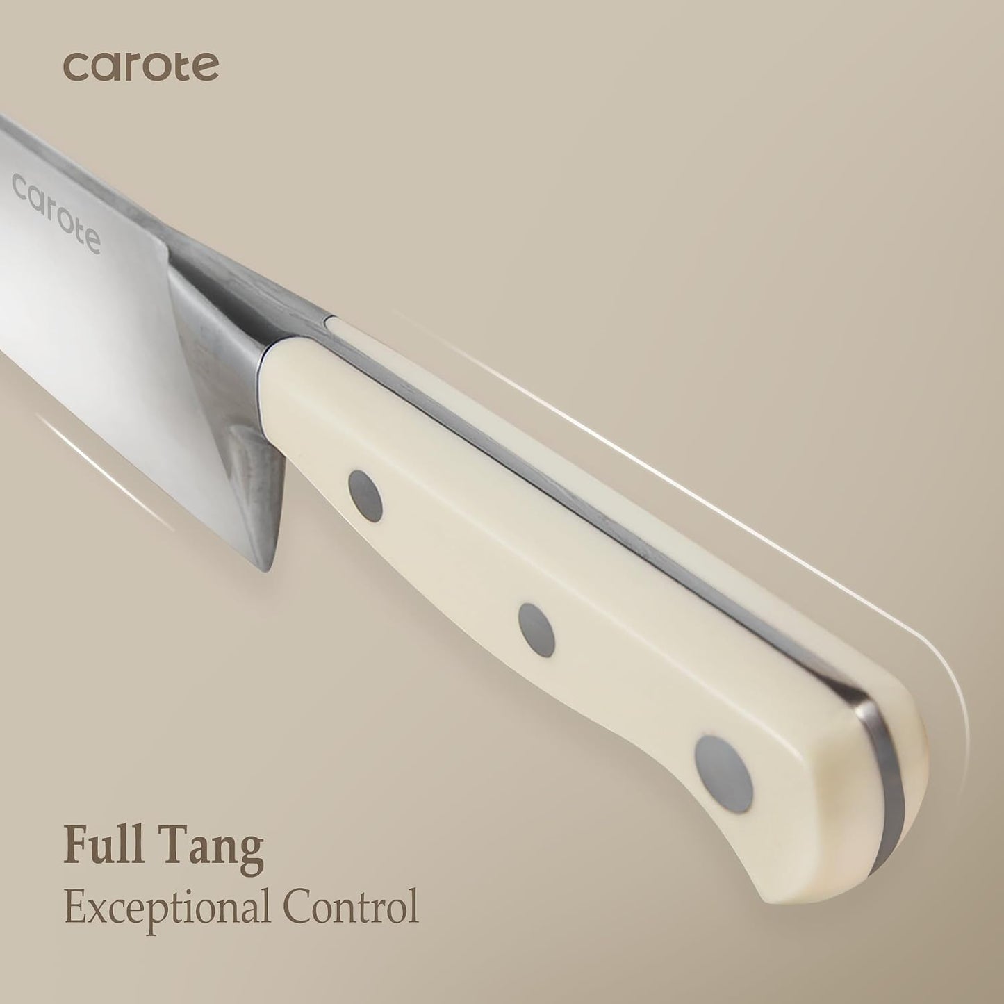 CAROTE 14-Piece Knife Set with Wood Block, Rust-Resistant, Cream | Razor-Sharp High Carbon Stainless Steel Knives, Long-Lasting Sharpness, Forged, Triple-Riveted Ergonomic Non-Slip Handles