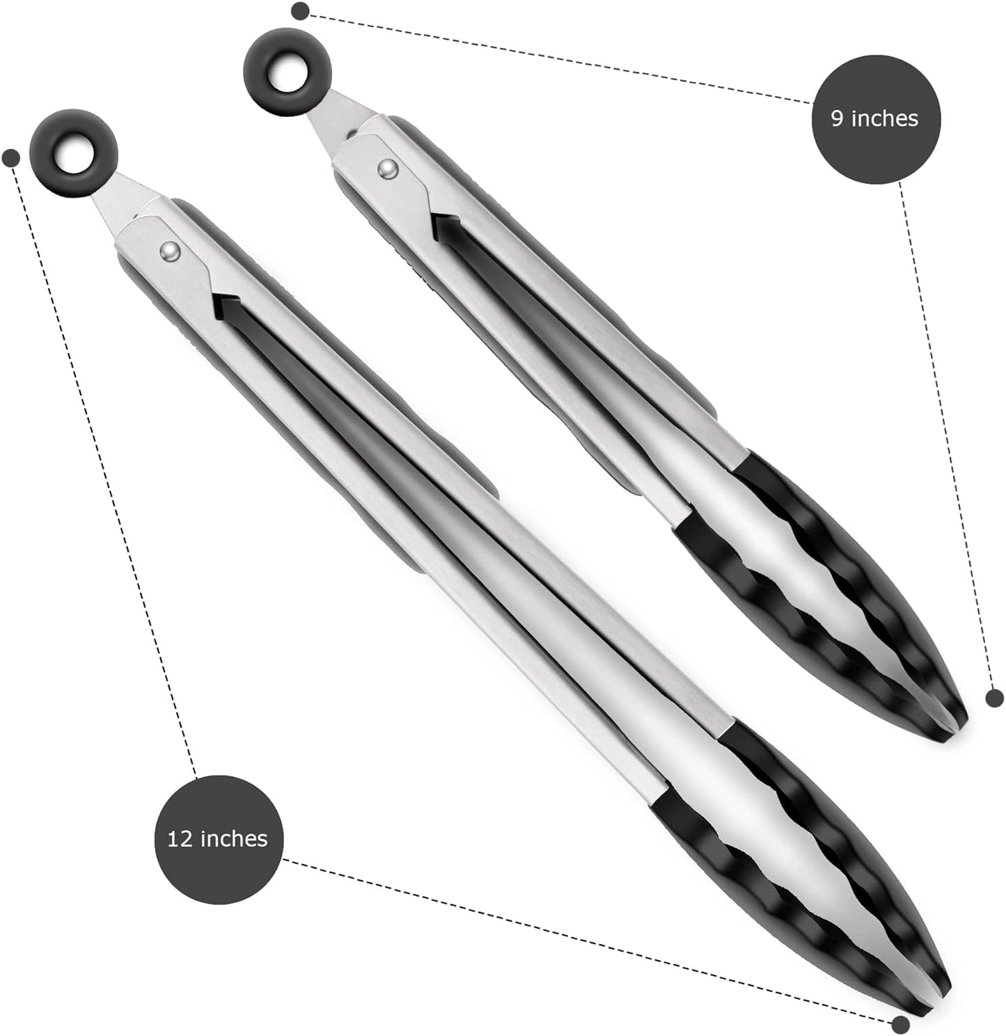 2 Pack Silicone Kitchen Tongs, 9 & 12 Inch, Stainless Steel, Black