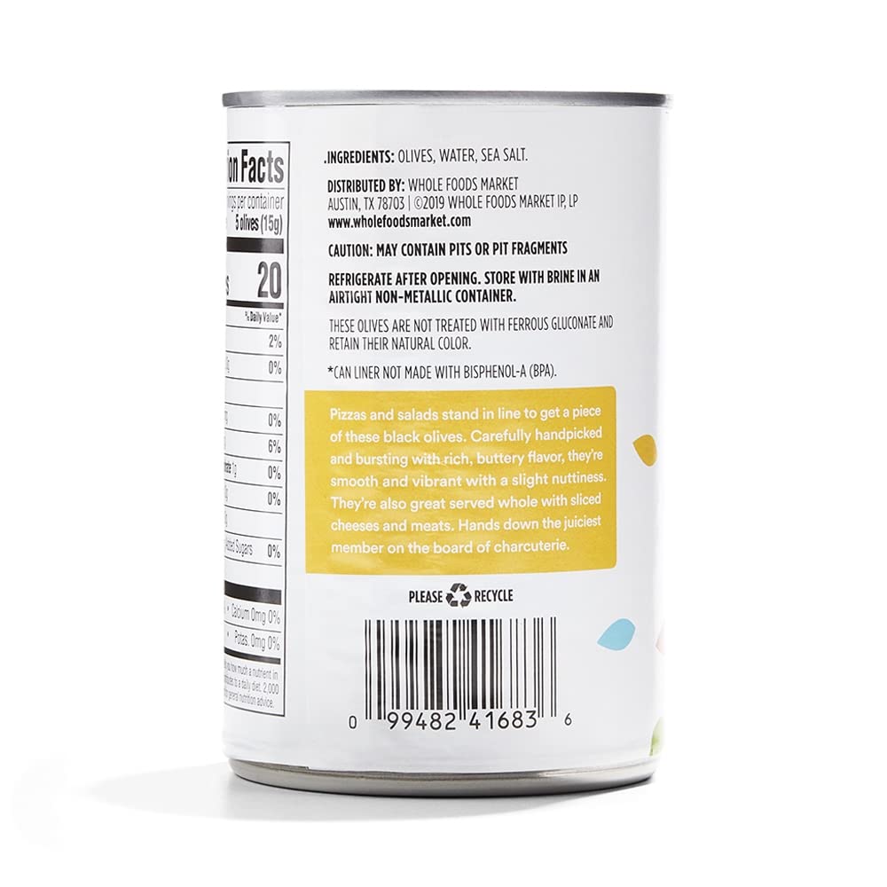 365 by Whole Foods Market Ripe Medium Pitted Olives, 6 Ounce, 6 Ounce jar, Handpicked, Traditional Ripening, Perfect for Pizzas and Salads