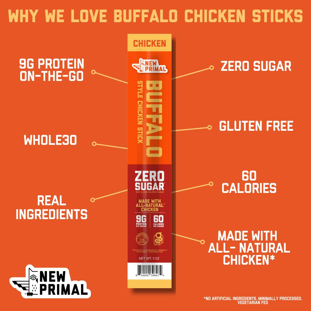 New Primal Buffalo Chicken Sticks, 5 Pack, Keto, Gluten Free, 9g Protein