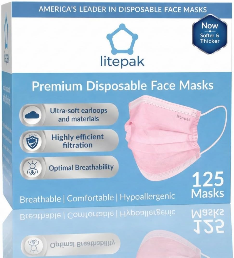 Litepak 125-Pack Premium Disposable Face Masks with Comfort Earloops Blue