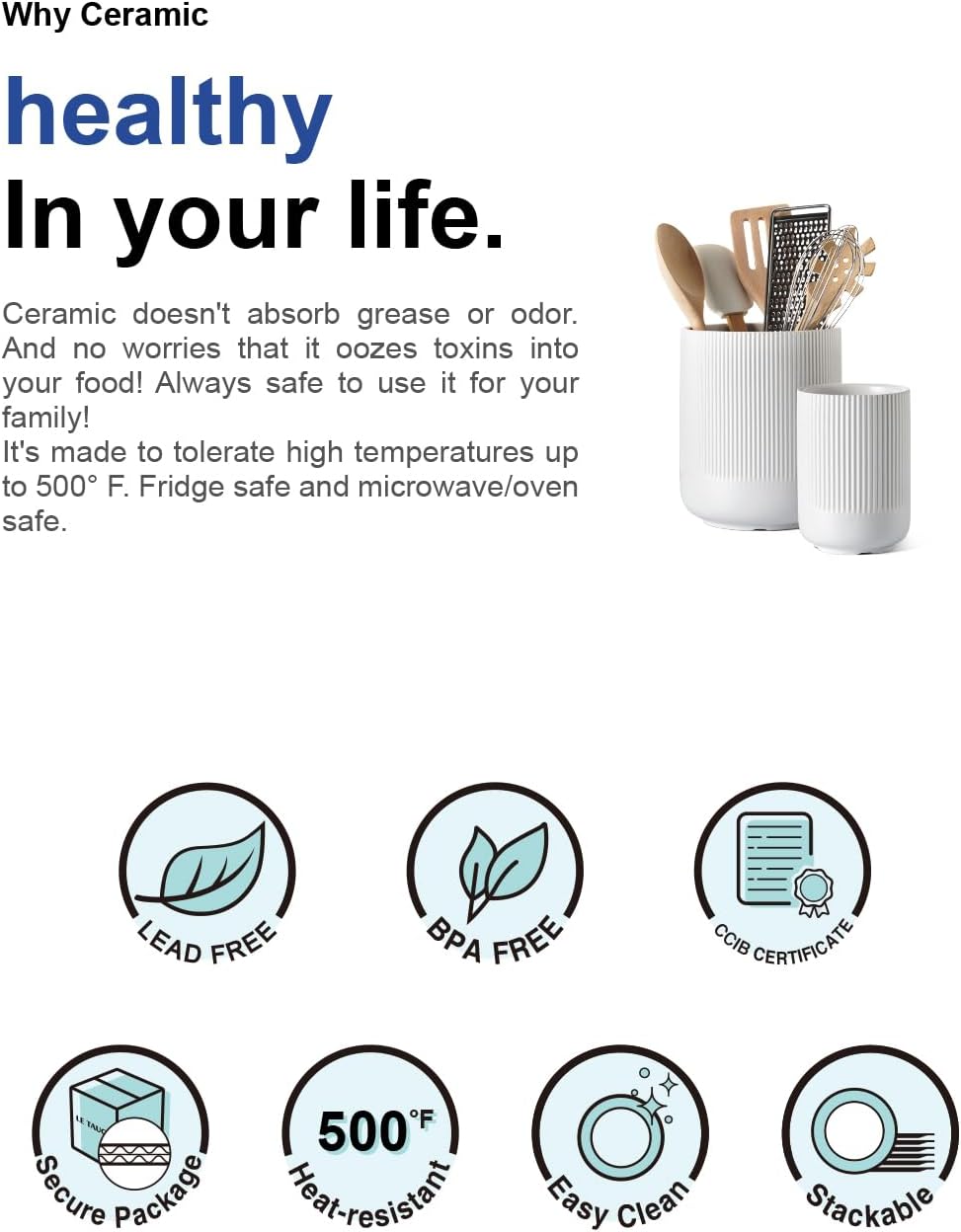 LE TAUCI Utensil Holder for Kitchen Counter, 7.3"+5.4" Fluted Ceramic Utensil Crock Organizer for Countertop, Heavy Large Holder for Spatulas, Spoons, Set of 2, White, Kitchen Counter Decor