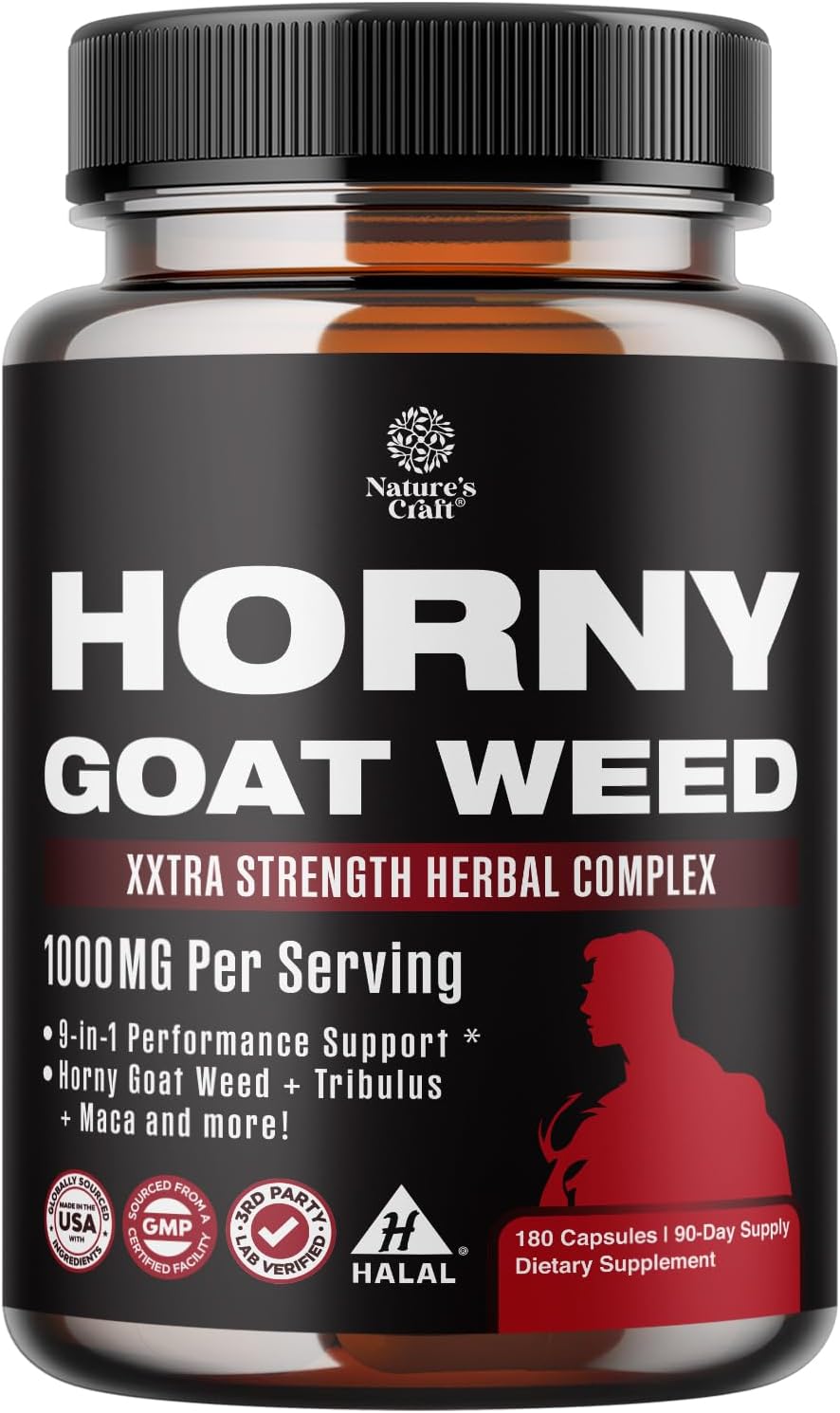 Horny Goat Weed for Men - Extra Strength Male Supplement with Black Maca Root, Tongkat Ali, Saw Palmetto & Panax Ginseng Extract for Stamina & Energy - 60 Count