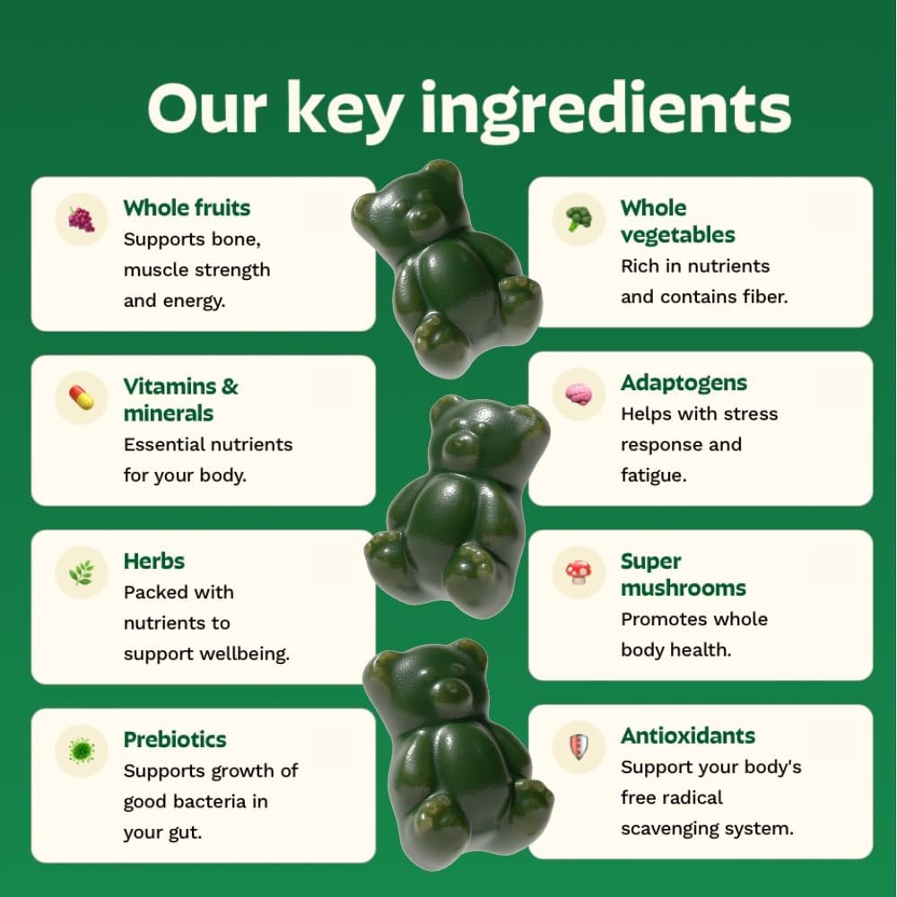 Gruns Adults Super Greens Gummies, Multivitamin Superfood Gummy Bears, Spirulina, Chlorella, Prebiotics & Fiber Gummies for Digestive Health, Adaptogens Supplement, 20 Vitamins & Minerals, 10 Count