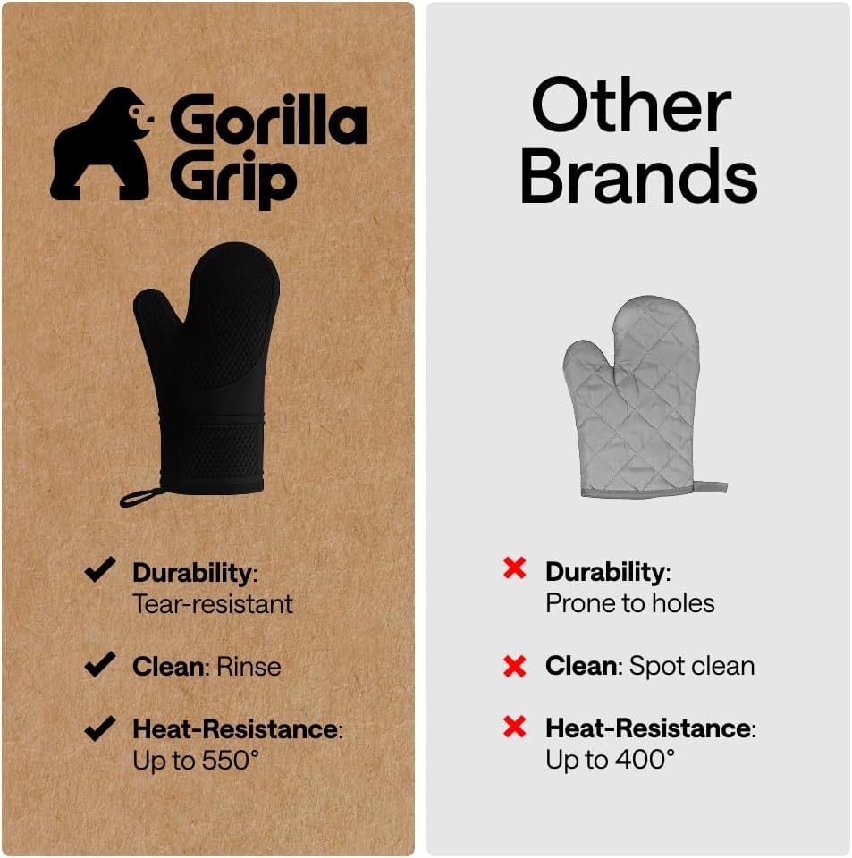 GORILLA GRIP BPA-Free Soft Silicone Oven Mitts, 550F Heat Resistant Waterproof Cooking Safety Gloves, Thick Cotton Lining, Flexible Gripping for BBQ Grilling, Kitchen Potholders Set, 12.5x8.3, Black