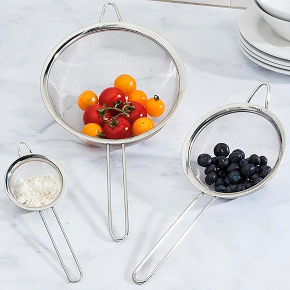 Cuisinart Mesh Strainers, Stainless Steel, Dishwasher Safe, 3-Count | CTG-00-3MS, fine mesh kitchen strainers in 3 sizes, can be used as a pasta strainer, rice strainer, spaghetti strainer