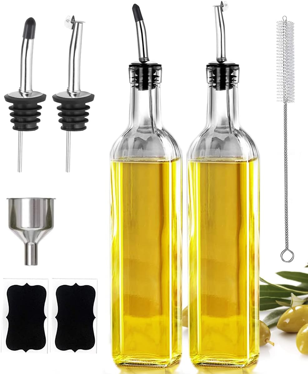 Leaflai 17oz Olive Oil Dispenser Bottle, 500ml Oil & Vinegar Cruet with 2 Stainless Steel Pourers, 2 Labels,1 Brush and 1 Funnel for Kitchen