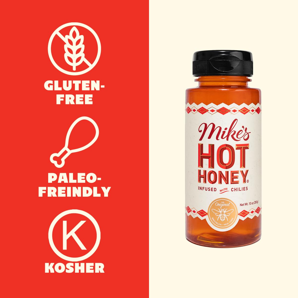 Mike's Hot Honey, 10oz Original Bottles, Spicy Honey Infused with Chili Peppers, Kosher, Gluten-Free, Paleo-Friendly