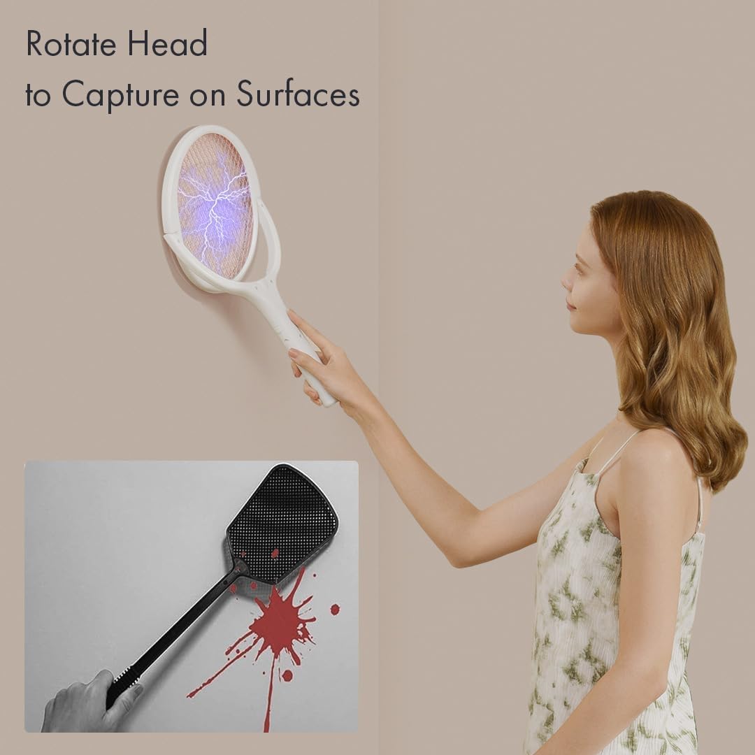GeckoMan Rotating Head Electric Fly Swatter Racket Rechargeable Bug Zapper Racket Bug Zapper Indoor Fly Zapper Mosquito Zapper Flies Killer for Indoors, with a Telescopic Extension