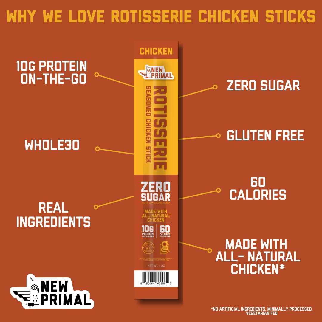 New Primal Rotisserie Chicken Sticks, Zero Sugar, High Protein, Gluten Free, 5 Count