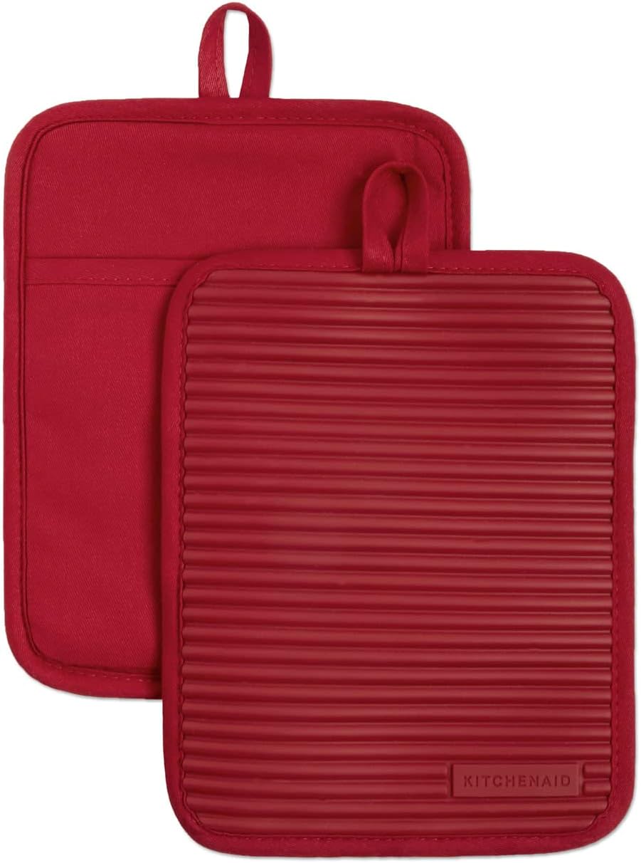KitchenAid Ribbed Soft Silicone Pot Holder 2-Pack Set, Milkshake Tan, 7"x9"