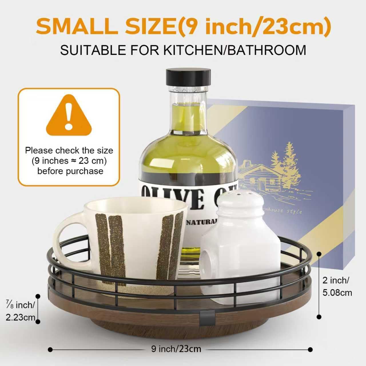 AMH 9-Inch Farmhouse Oak Lazy Susan Cabinet Organizer, Walnut Finish | Smooth rotating oak tray with walnut finish for dining tables, kitchen counters, pantries and cabinet storage.