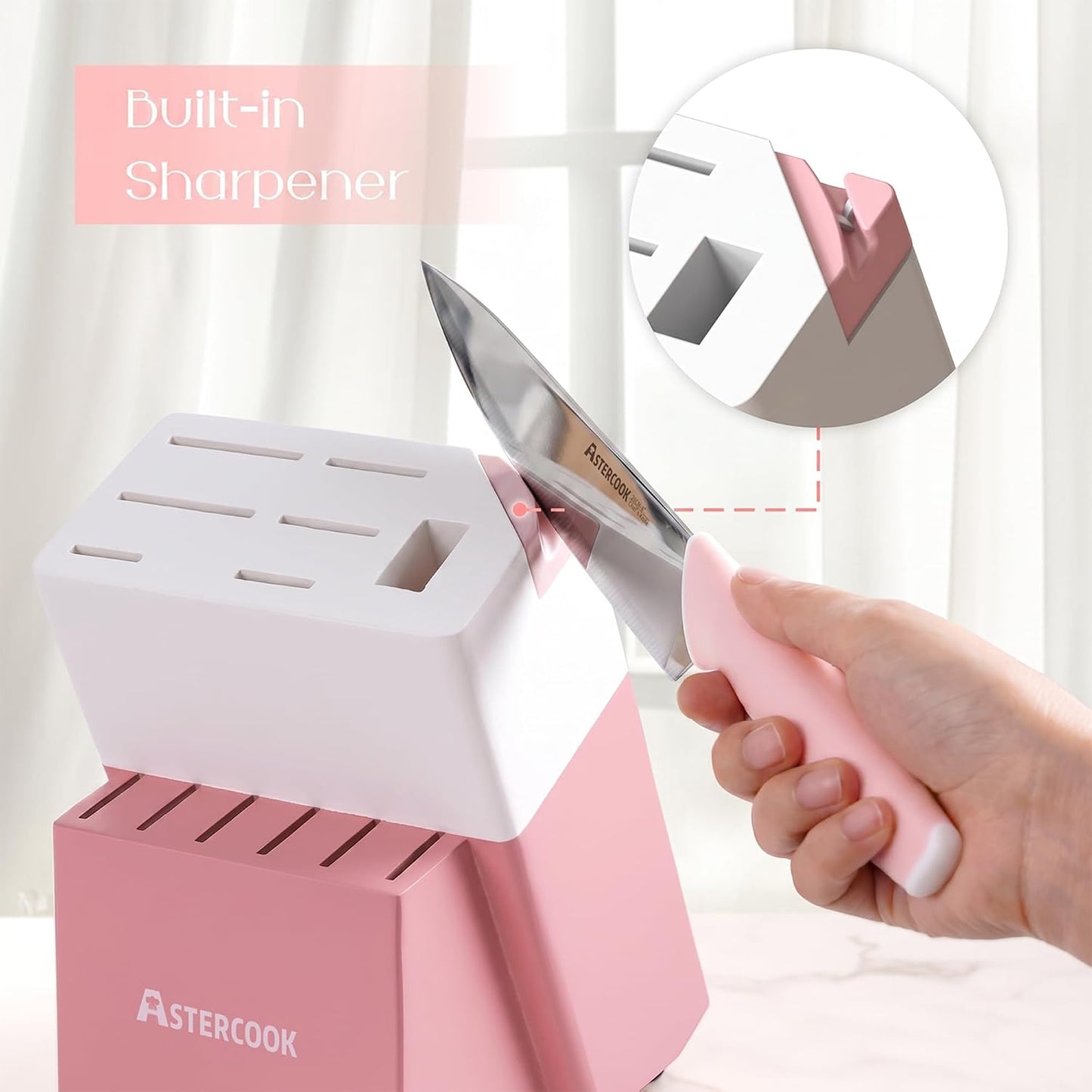 Astercook Knife Set, Kitchen Knives Set with Block and Sharpener 15 Pcs German Stainless Steel Knives Sharp Blade Dishwasher Safe Deba Knives with Ergonomic Handle, Crystal Pink