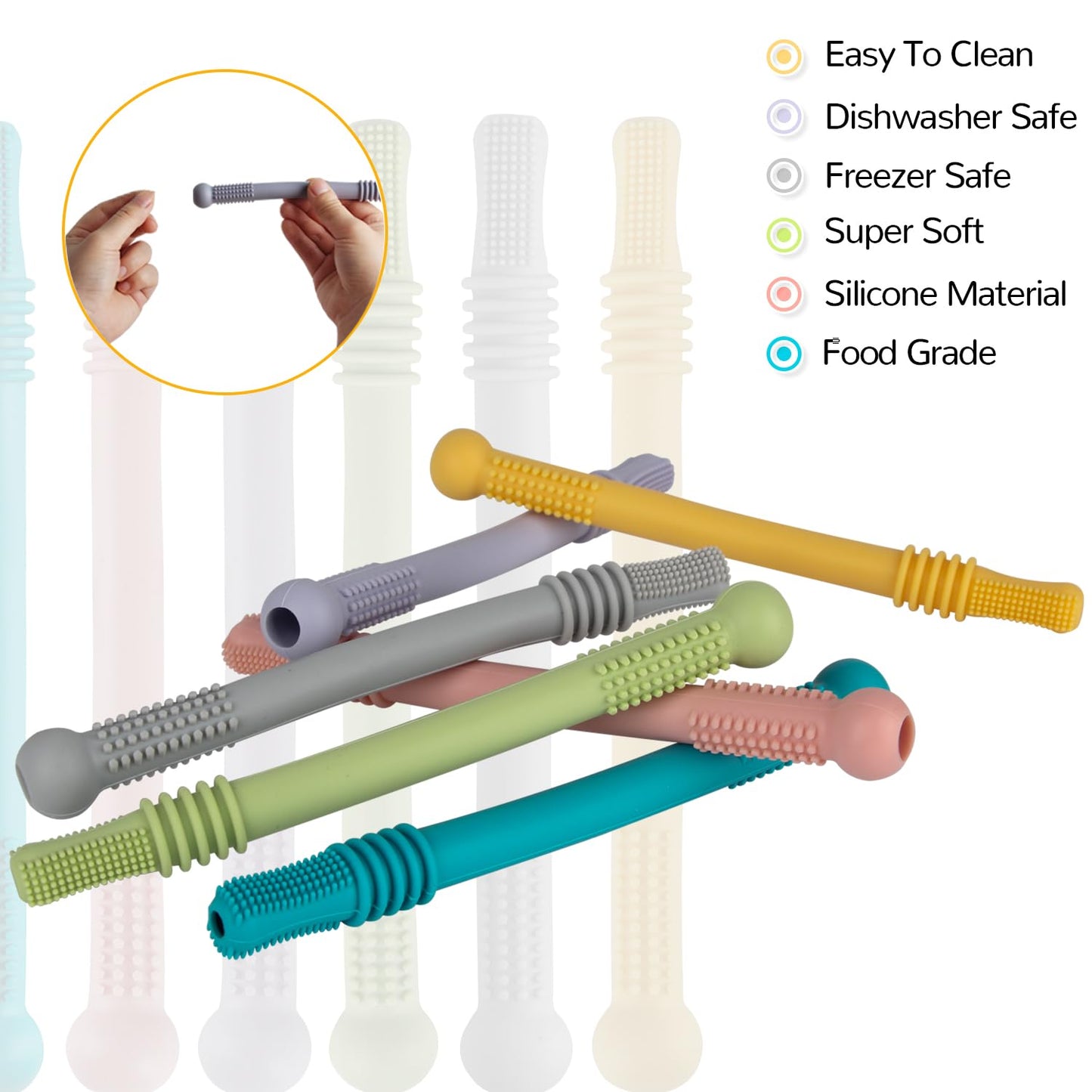 Fu Store Hollow Teether Tube Chew Straw Sensory Toy for Infant Toddlers Silicone Tubes Teething Toys for Babies 18-36 Months Gifts Learning Developmental Toys BPA Free Freezable 6 Pack