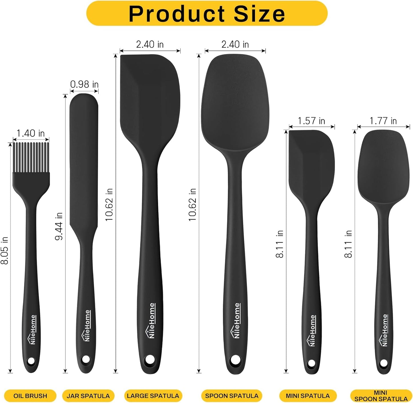 NileHome Silicone Spatula Set, 6 Pieces Food Grade Kitchen Utensils with Silicone Brush Heat Resistant Up to 600°F Dishwasher Safe BPA-Free Rubber Spatula for Scraping, Baking, Cooking, Mixing-Black