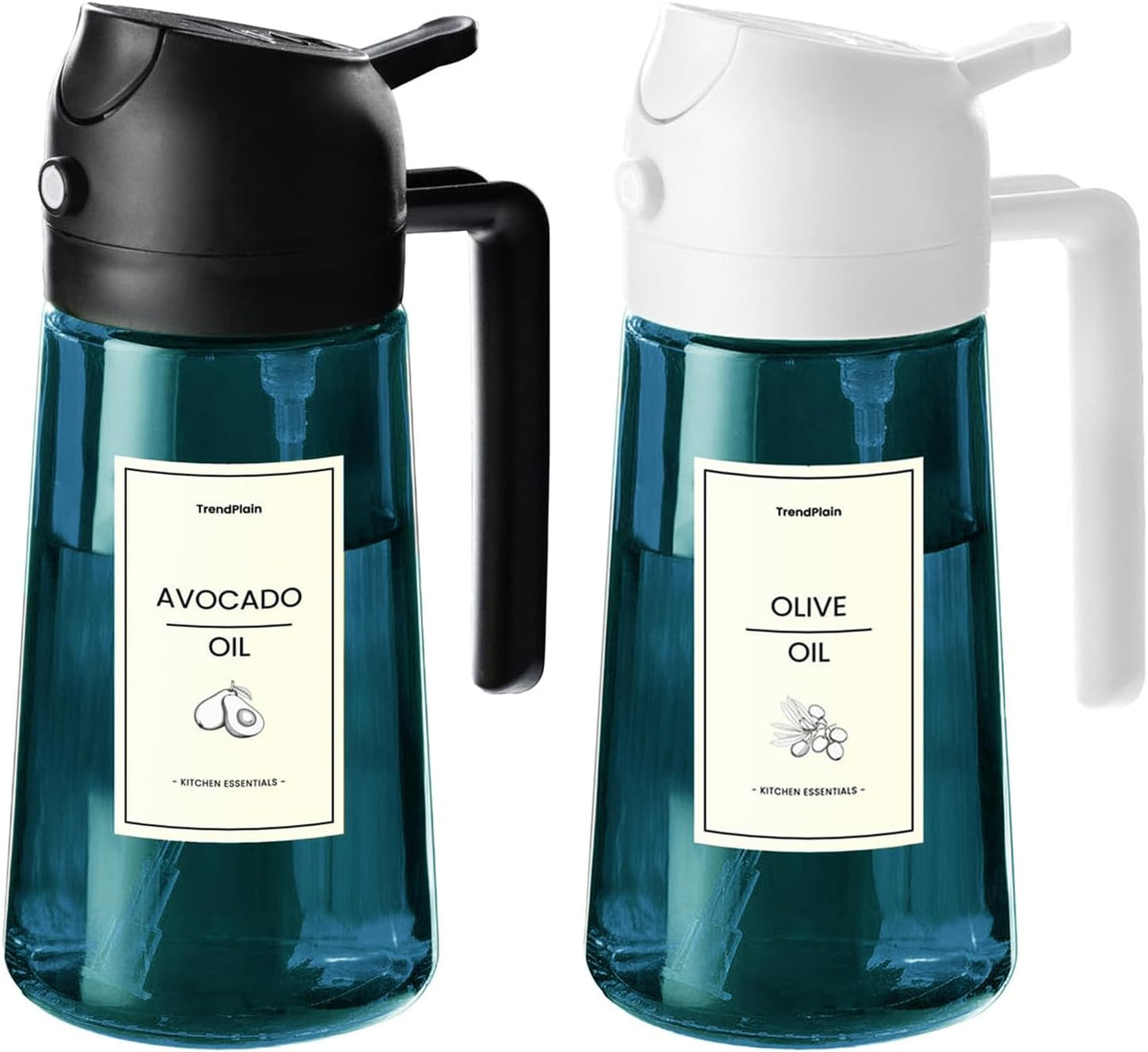 TrendPlain 16oz/470ml Blue Glass Olive Oil Sprayer for Cooking - 2 in 1 Olive Oil Dispenser for Kitchen Gadgets, Air Fryer, Salad, and BBQ - Black