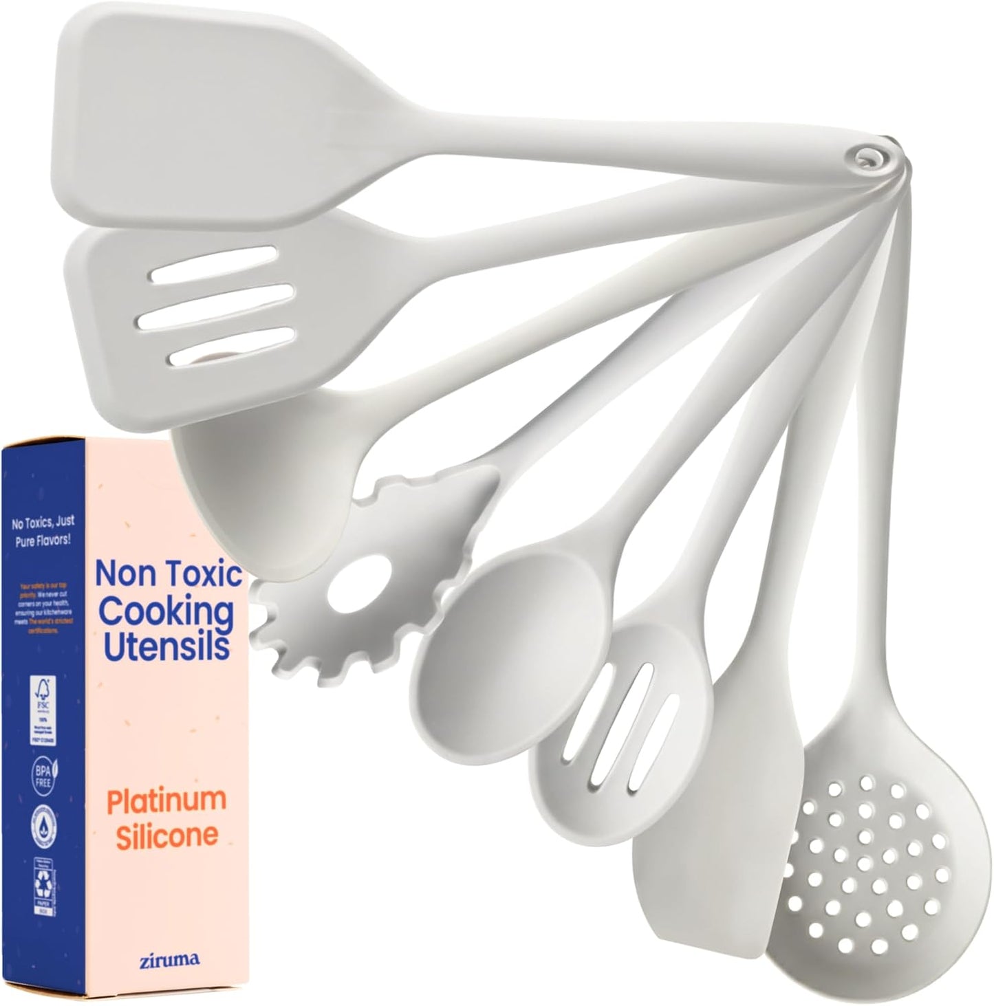 NonToxic Platinum Silicone Utensils, 100% Plastic-Free, 8-Pcs, Beige | LFGB-certified platinum silicone. Solid steel core, no hidden plastics. 500ยฐF heat resistant. Non-scratch. Dishwasher safe
