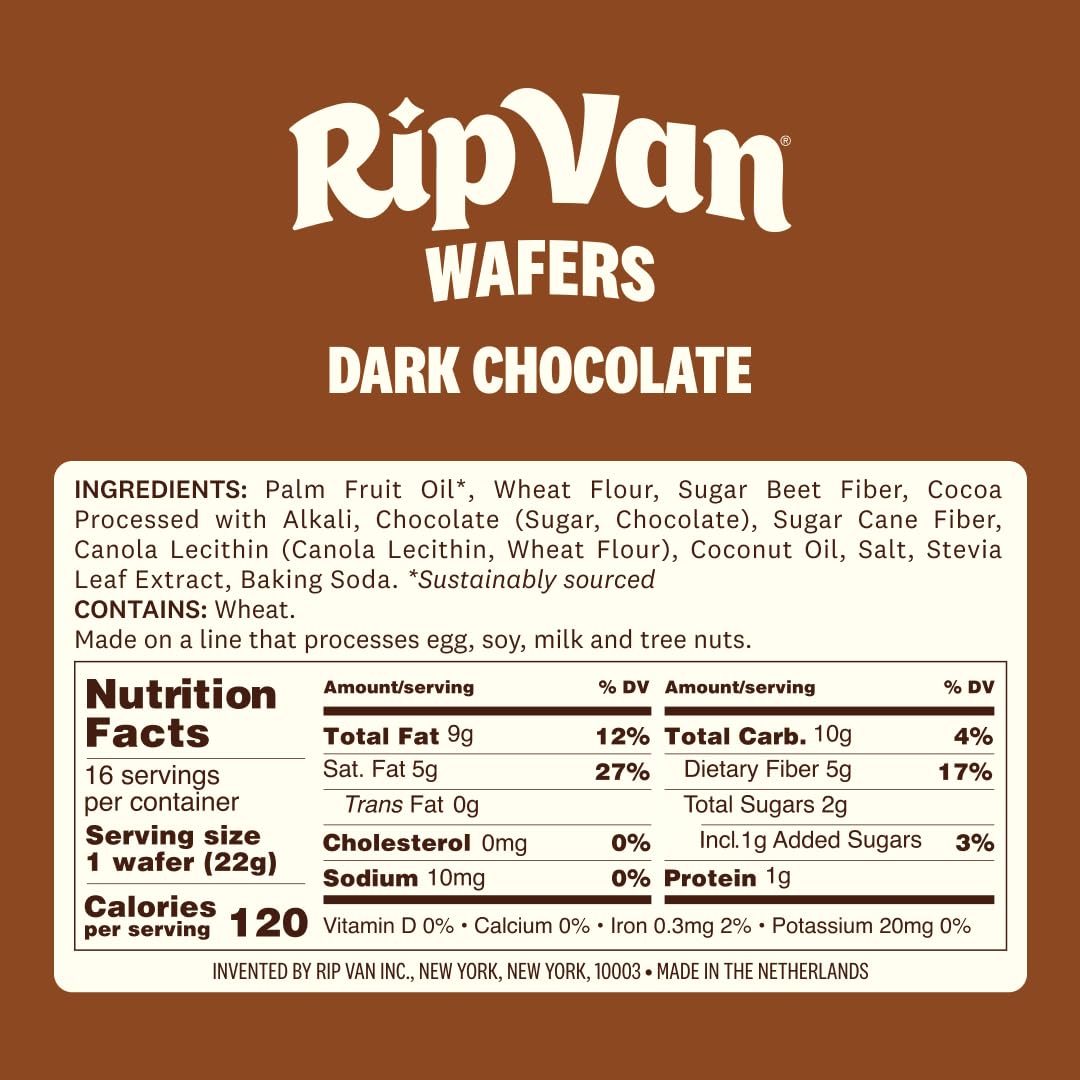 Rip Van Dark Chocolate Wafer Cookies - Healthy Snacks - Non GMO, Keto, Low Carb, Low Sugar (2g), Low Calorie and Vegan, 16 Count
